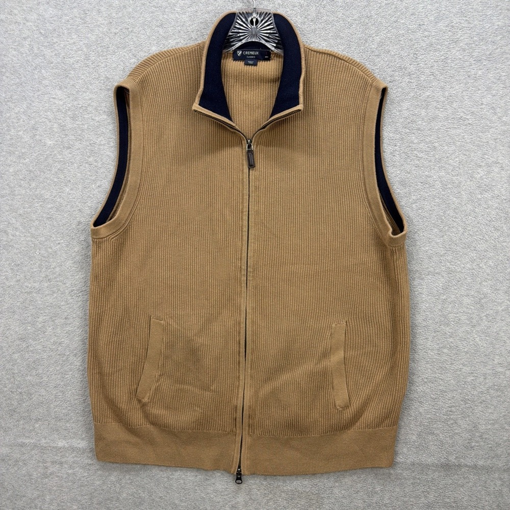 Cremieux Sweater Vest Mens Large Brown Full Zip Sleeveless Cotton Ribbed Classic